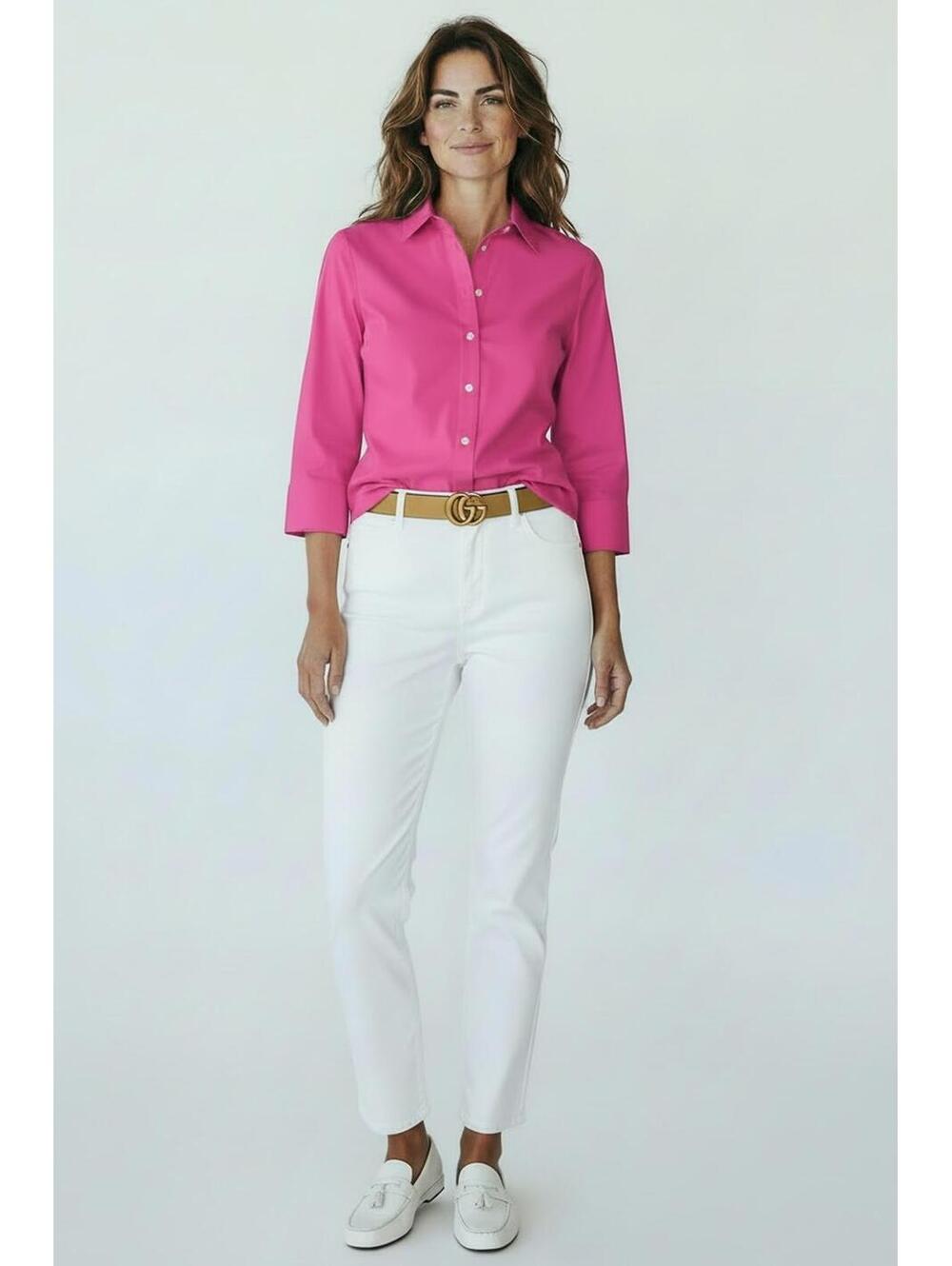 Talbots Petites Women's Fuchsia 3/4 Sleeve Button Down Blouse, Size 4P